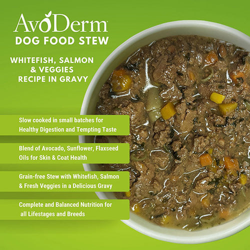 AvoDerm® Dog Food Stew Whitefish, Salmon & Veggies Recipe In Gravy